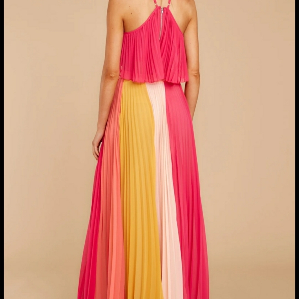 Luxxel Colorblock Pleated Maxi Skirt in Pink, Coral, Yellow & Cream - Picture 3 of 10